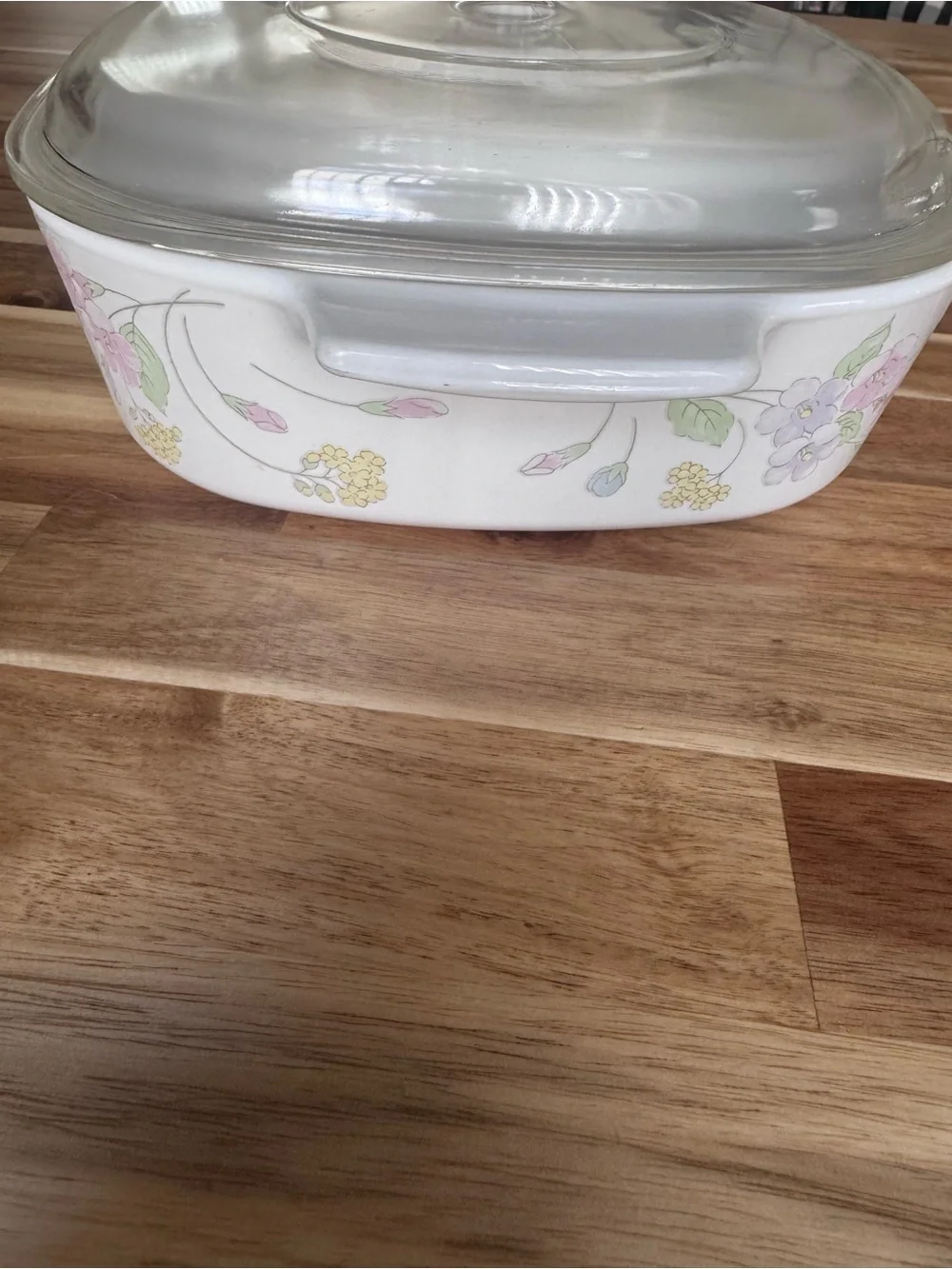 Corningware White Casserole Dish with Pastel Floral Pattern and Glass Lid
